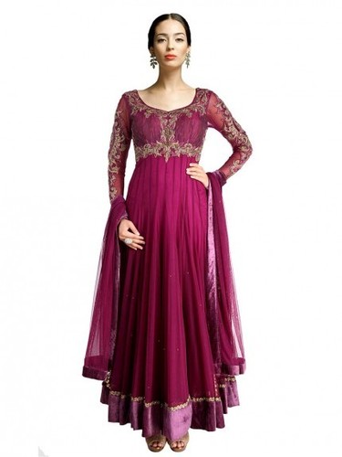 Sangeet Net Anarkali - Wine Net And Velvet, Zari Resham Beads Work Yoke, Velvet Patch Border, Churidar Dupatta Set