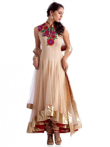 Net Beige Anarkali Suit - Net Fabric, Beige Color, Golden Patch Border, Resham Work, Matching Churidar and Dupatta