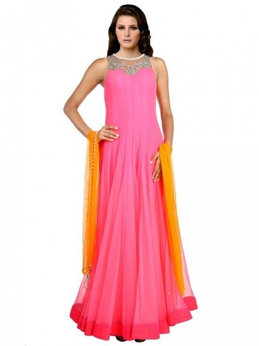Designer Pink Anarkali - Net Fabric, Pink Color, Beads Work Neckline | Elegant Design, Stylish Look, Floor-Length Drape