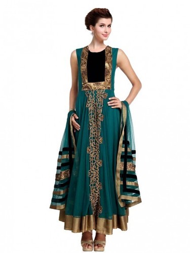 Teal Anarkali Dress - Net Material, Floor Length, Teal Color, Gold Embroidery | Elegant Design, Includes Bottom & Dupatta