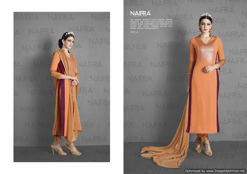 Glitzy Georgette Orange Designer Suit
