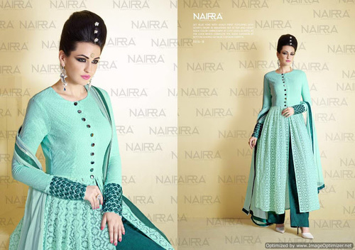 Scintillating Lace Work Net Turquoise Designer Suit