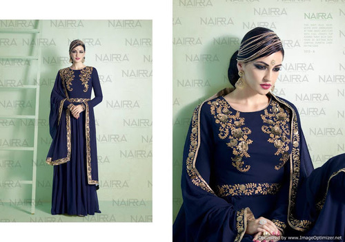 Whimsical Lace Work Georgette Navy Blue Designer Suit
