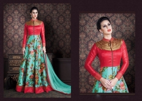 Aqua Blue, Pink Long Anarkali Suit - Banarasi Silk, Zurich Silk Fabric, Embroidered, Chiffon Dupatta, Elegant Design