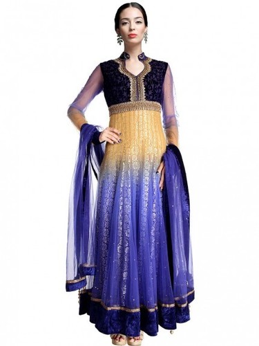 Reception Net Anarkali - Peach Blue Net Velvet Yoke, Resham Zari Embroidery | Elegant Stylish Ankle-Length V-Neck