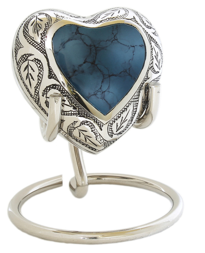 Blue Clouded Heart Urn - Brass, 3" Size | Elegant Design, Rigidness, Corrosion Resistance, Attractive Pattern