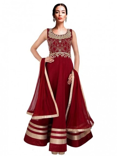 Maroon Anarkali Suit - Net Fabric, Maroon Color | Zari and Stone Work, Patch Border, Sleeveless, Floor-Length, Includes Dupatta