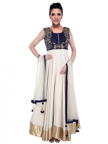 Ankle Length Anarkali - Georgette Off White, Zari and Resham Work, Shimmer Border, Includes Bottom and Dupatta