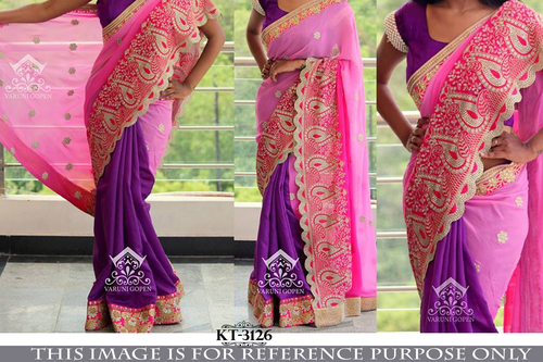 Heavy Designer Work Saree - 60 Gram Georgette, Raw Silk Blouse with Embroidered Thread Work Pallu