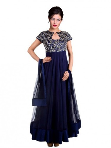 Navy Blue Kalidar Suit - Net Fabric, Navy Blue, Mirror & Zari Work | Elegant Design, Keyhole Neckline, Matching Dupatta