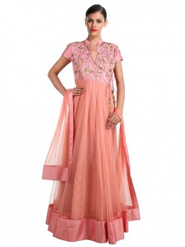 Angrakha Style Anarkali Suit - Peach Net Fabric, Zari & Resham Work | Yoke Embroidery, Patch Border, Matching Dupatta