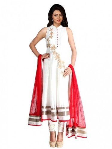 White Anarkali Suit - Chanderi Silk, White, Sleeveless | Thread Embroidery, Comfortable Fit, Stylish Look