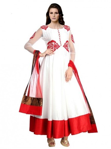 White Anarkali Suit - Dupion Silk, White with Resham Beads Motif, Contrast Patch Border, Includes Bottom and Dupatta