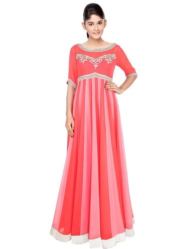 Shaded Pink Kalidar Suit - Georgette Fabric, Pink Color | Zari, Kundan, Beads Motif Yoke, Shimmer Border, Three-Quarter Sleeves, Matching Dupatta & Bottom
