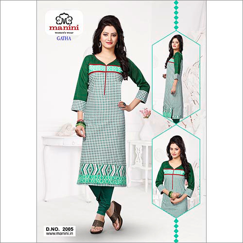 Gatha - Cotton Knee-Length, Green, V-Neck | Comfortable Fabric, Stylish Design, Durable Material, Trendy Printed Pattern
