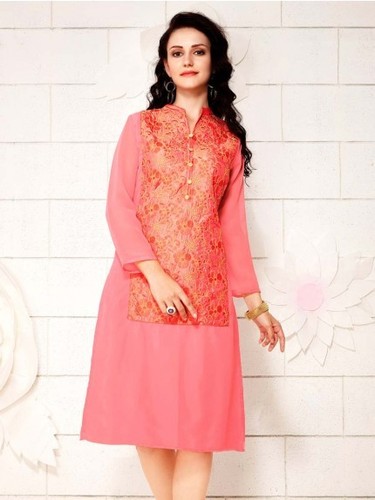Light Pink Kurti - Georgette Fabric, Knee Length, A-Line Fit | Floral Resham Embroidery, Long Sleeve, Comfortable Stylish Look