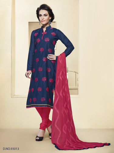 Ethnic Indian Dress Material - Contrast Floral Resham Thread Work, Navy Blue | Full Sleeves, Embroidered Dupatta with Lace Accents, Dry Clean Only