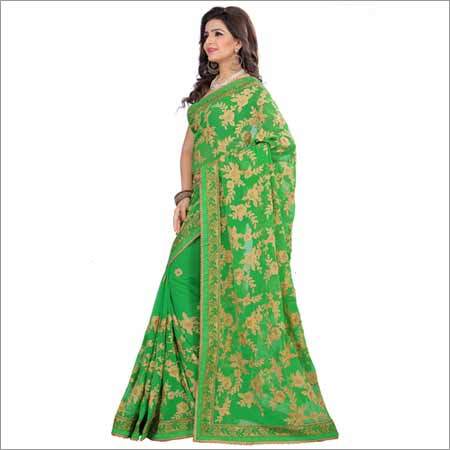Georgette Heavy Embroidered Green Saree