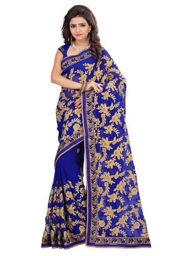 Georgette Heavy Embroidered Blue Saree