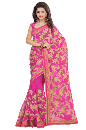 Georgette Heavy Embroidered Pink Saree