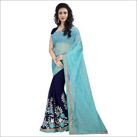 Georgette Designer Skyblue And Navyblue Saree