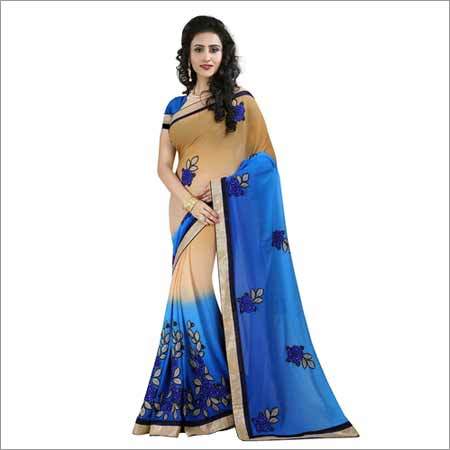 Georgette Embroidered Blue And Beige Saree