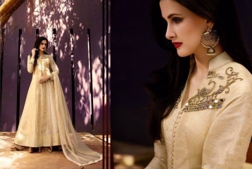 Attractive Light Cream Lehenga Style Suit - Silk Blend, 54 Inches, Cream | Lace Work, Embroidery, Chiffon Dupatta, Custom Sizes