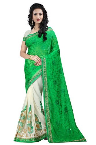 Georgette Half-Half Saree - 5.5 M Green & Beige | Embroidered Blouse 0.8 M, Party Wear, Festival Wear