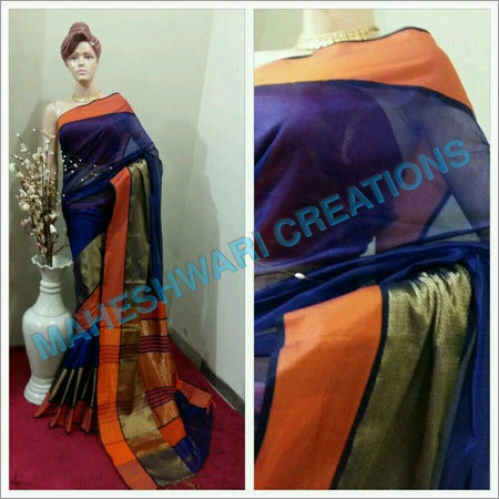 Designer Handloom Saree - Cotton Silk Fabric, Navy Blue with Orange and Gold Border | Woven Pattern, Thread Work, 10-Year Warranty