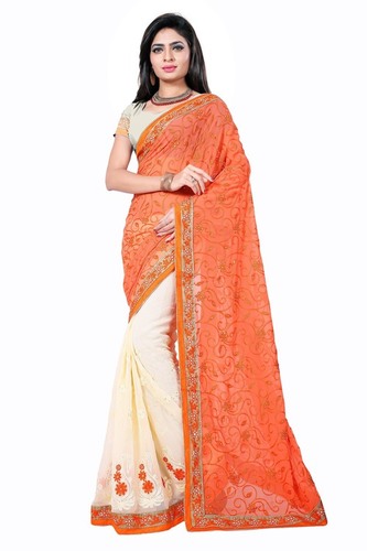 Half-Half Saree - Georgette, 5.5m Length, Orange & Beige Colors | Embroidered Design, Party & Festival Wear