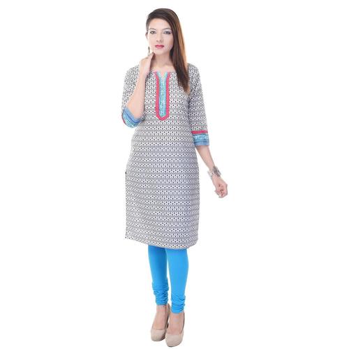 Cotton Ethnic Kurti - Regular Fit , 3/4th Sleeves, Printed Yoke, Side Pocket, Comfortable Daily Wear for Girls