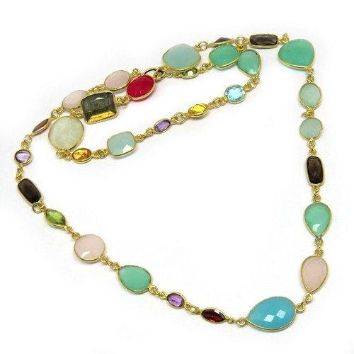 Princess Beauty !! Multi Stone 925 Sterling Silver Necklace With Gold Plated Size: 26.5 Cms.