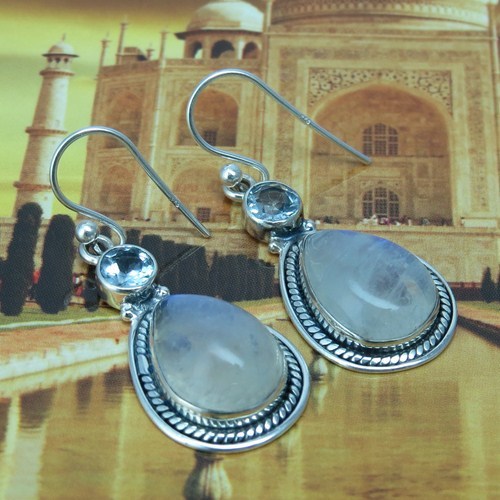 Rainbow Moonstone_Blue Topaz 925 Sterling Silver Gemstone Earring Gender: Women