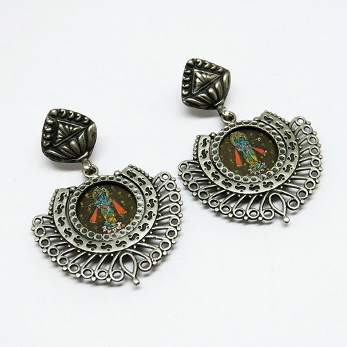 Lovely !! Penting Glass Oxidized Krishana Silver Earring Oxidized Silver Jewelry Charm Earrings
