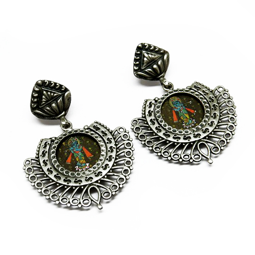 Carving Work Glass Oxidized 925 Sterling Silver Krishna Earring Gender: Unisex