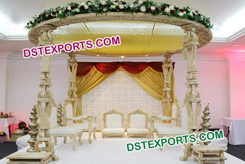 Wooden Carved Wedding Mandap New Design - Hand-Carved Wood, Variable Size, Beige | Elegant Design, Sturdy, Traditional Indian Look