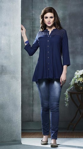Tunic Top - Fancy Rayon, Sizes L-XL-XXL, Navy Blue | Stylish, Comfortable, Versatile, Three-Quarter Sleeves