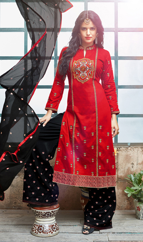 Embroidery Salwar Kameez - Cotton Top, Santoon Bottom, Chiffon Dupatta, Red | Floral Embroidery, Stylish Design, 8-Pcs Set, Ready To Ship
