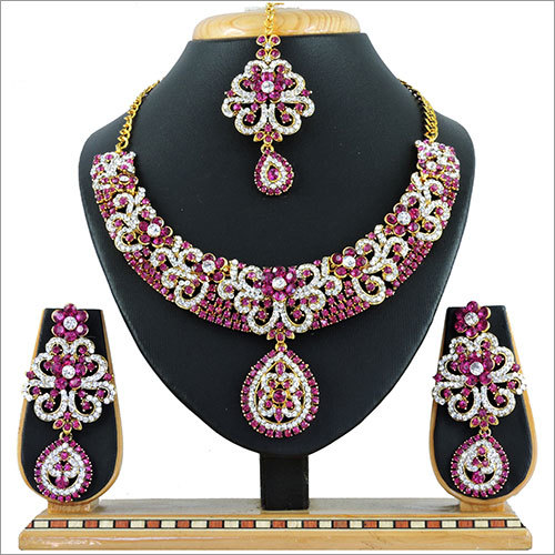 Alloy Rani Necklace Set - Alloy, 16 Inches, Pink | Elegant Design, Sparkling Stones, Bridal Wear