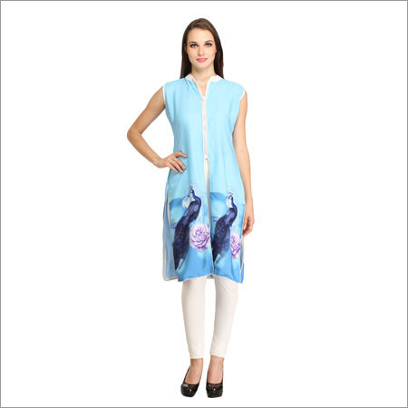 Fancy Kurtis - Cotton, 44 Inch, Light Blue | Stylish Design, Comfortable Fit, Mandarin Collar, Sleeveless