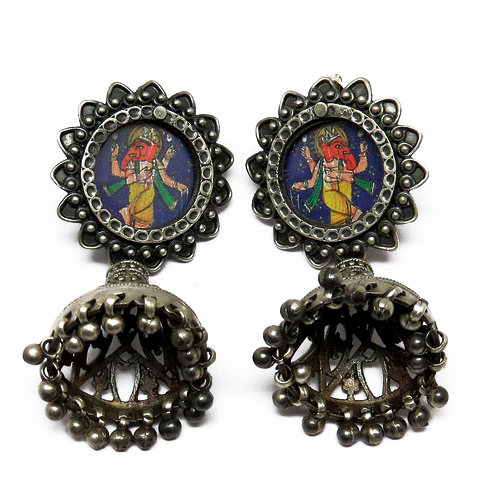 Beautiful Modern !! Penting Glass Oxidized Ganesh Silver Earring Gender: Women