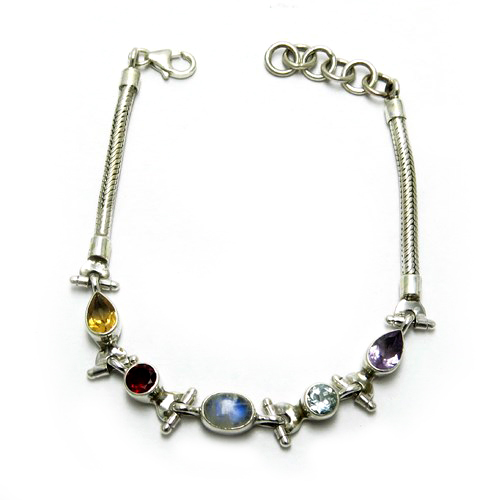 Handmade Multi Stone 925 Sterling Silver Bracelet - 21.5 cms Amethyst & Blue Topaz Modern Style for Anniversary & Engagement Gifts