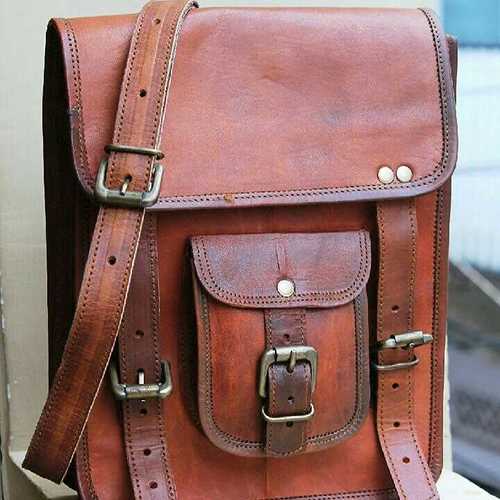 Genuine Leather Handbags - 11x9x4 inches, Brown Color with Antique Brass Fittings | Features 1 Leather Pocket, 1 Zipper Pocket, 2 Canvas Compartments