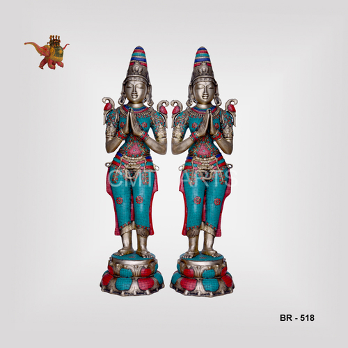 Brass Turquoise Stone Welcome Lady Figurine - 1117.6 mm | Durable, Easy to Clean, Modern Indian Art Decor
