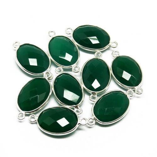 Fashion Silver Green Onyx Oval Shape Gemstone Connector - 925 Sterling Silver, 2.2 x 1.2 cms, Green Color, Unisex Suitable for Anniversary, Engagement, Gifting, Weddings