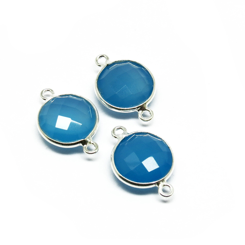 Chalcedony Gemstone Connector - 925 Sterling Silver, 1.9x1.3 cm Round, Blue Color, Unisex for Anniversary and Engagement