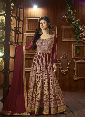Fashion Salwar Kameez - Semi Georgette Top, Santoon Bottom, Maroon, Heavy Nazneen Dupatta | Heavy Embroidery, Long Sleeves, Elegant Party Wear