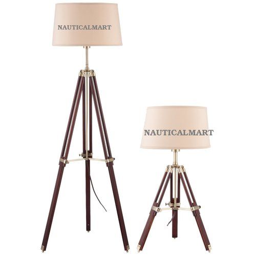 Tripod Adjustable Floor Lamp and Table Lamp with Wooden Standi  Lamp Seti  