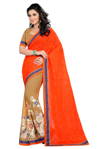 Embroidered Half-Half Saree - Georgette, 5.5 M Length, Orange & Beige Color | Features Stone Closure, Perfect for Party Wear and Festivals