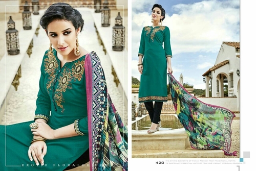 Kiyaza Flora - Silk Blend, 54 Inches, Teal | Hand Embroidered, Soft Fabric, Elegant Design, Comfortable Fit, Stylish Look